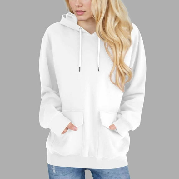 Women's Oversized Fashion Hoodies Casual Solid Color Knit Long Sleeve Pullover Tops with Vertical Pockets (L, White)