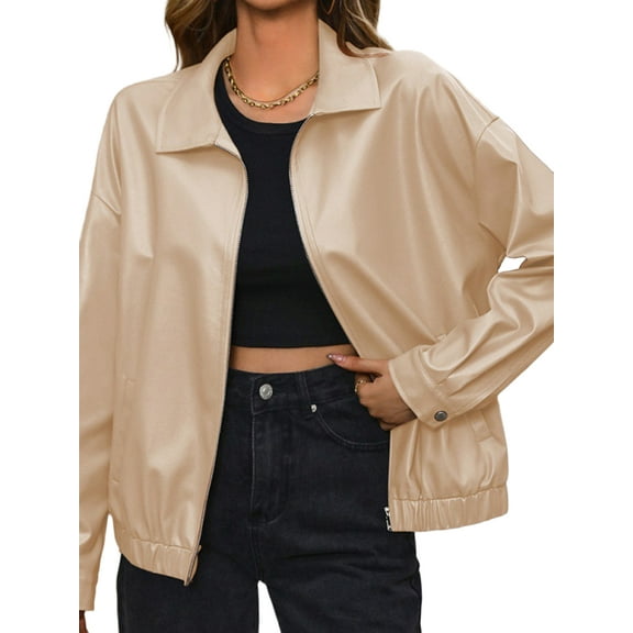 Women's Oversized Faux Leather Jacket Zip Up Collared Fall Fashion Coat