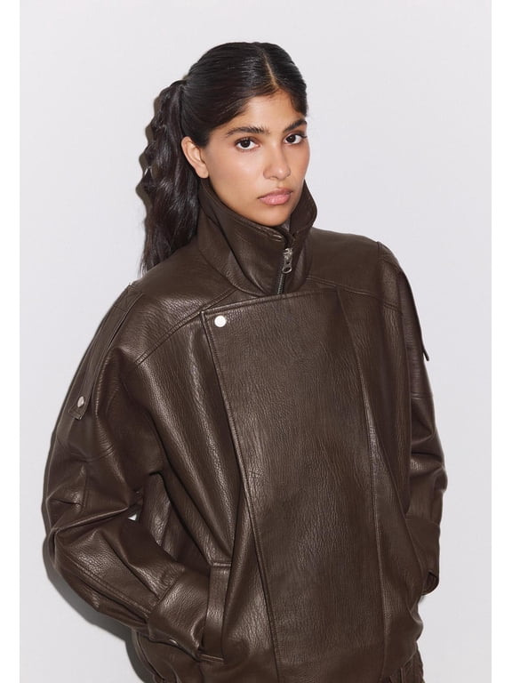 Women's Oversized Faux Leather Moto Bomber Jacket with Stand Collar & Belt, Sizes XS-XL