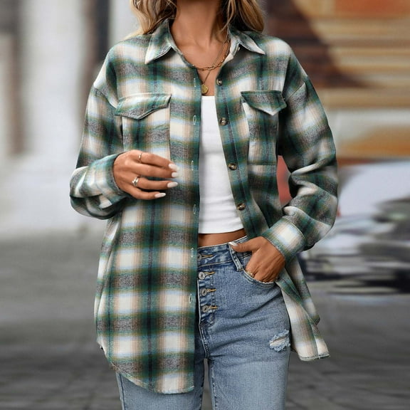 Women's Oversized Flannel Plaid Shacket Jacket Casual Lapel Button Pocket Plaid Long Sleeved Shirt Top Jacket Long Sleeve Shirt Fall Outfits 2025 Green,XL
