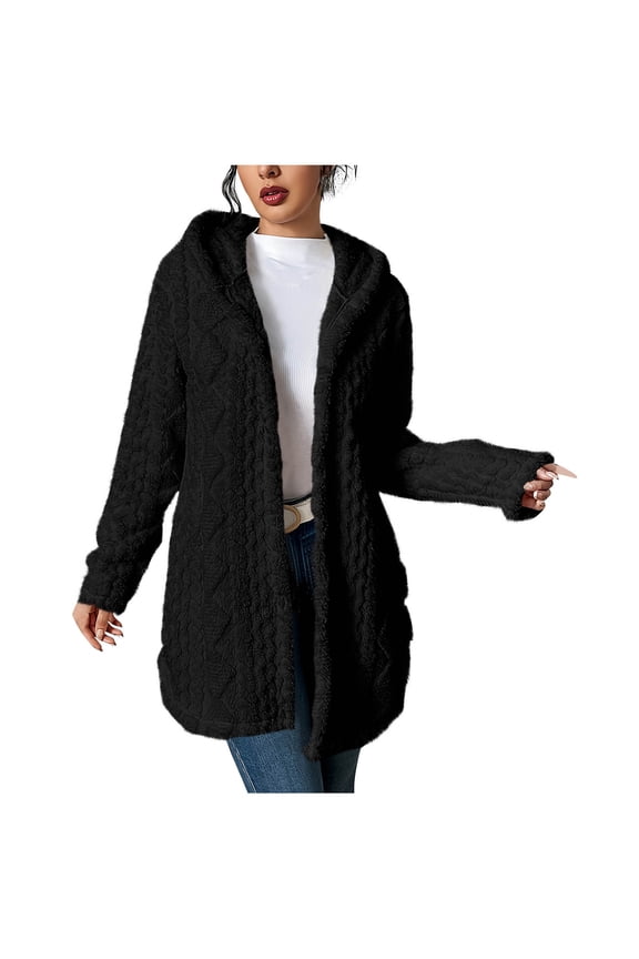 Women's Oversized Fleece Hooded Cardigan Warm Open Front Sherpa Coat Sweater with Pockets