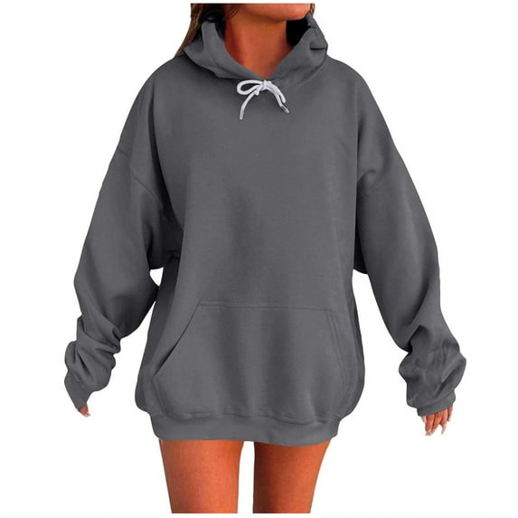 Women's Oversized Fleece Hoodie Soft Lined Crewneck Pullover with Pocket for Winter Gray 2XL
