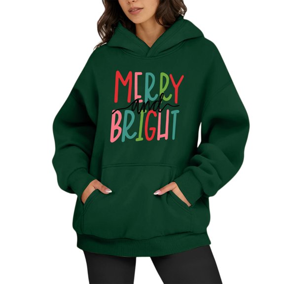 Women's Oversized Fleece Hoodies Long Sleeve Pullover Sweatshirt with Pocket for Fall Clothes and Merry Bright Christmas Print Design