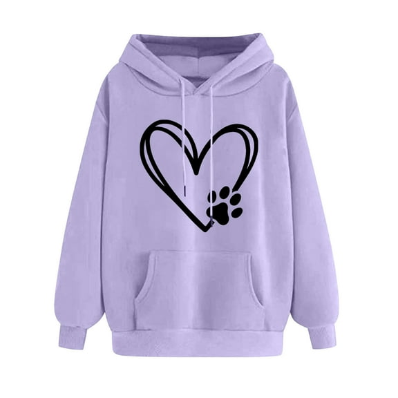 Women's Oversized Fleece Hoodies Trendy Love Heart Dog Paw Printed Drawstring Hooded Sweatshirt Fall Winter Lightweight Dog Mom Pullover Tops