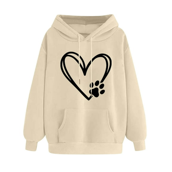 Women's Oversized Fleece Hoodies Trendy Love Heart Dog Paw Printed Drawstring Hooded Sweatshirt Fall Winter Lightweight Dog Mom Pullover Tops