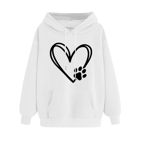 Women's Oversized Fleece Hoodies Trendy Love Heart Dog Paw Printed Drawstring Hooded Sweatshirt Fall Winter Lightweight Dog Mom Pullover Tops