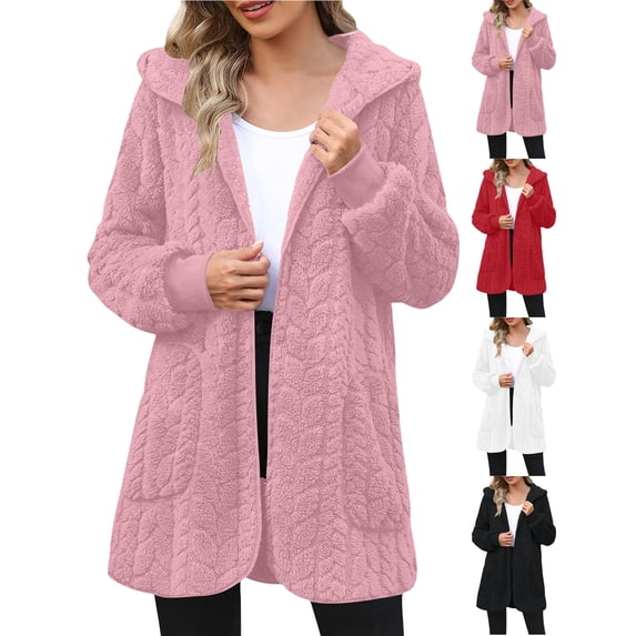 Women's Oversized Fleece Jackets Winter Hooded Long-sleeved Solid Color Mid-length Casual Warm Coat