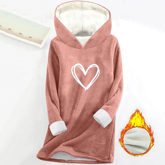 Women's Oversized Fleece Lined Hoodie Long Sleeve Heart Print Base Layer Pullover Tops Pink 3XL