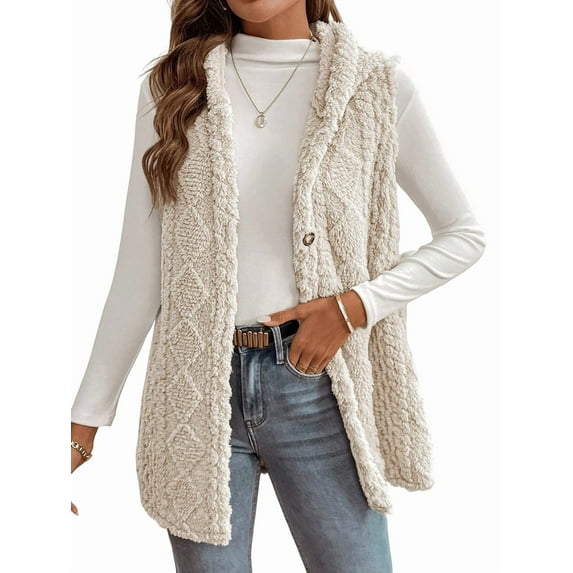Women's Oversized Fleece Vest Hooded Cardigan, Double Sided Wear, Thick Warm Button Front Jacket for Fall Winter Apricot XL