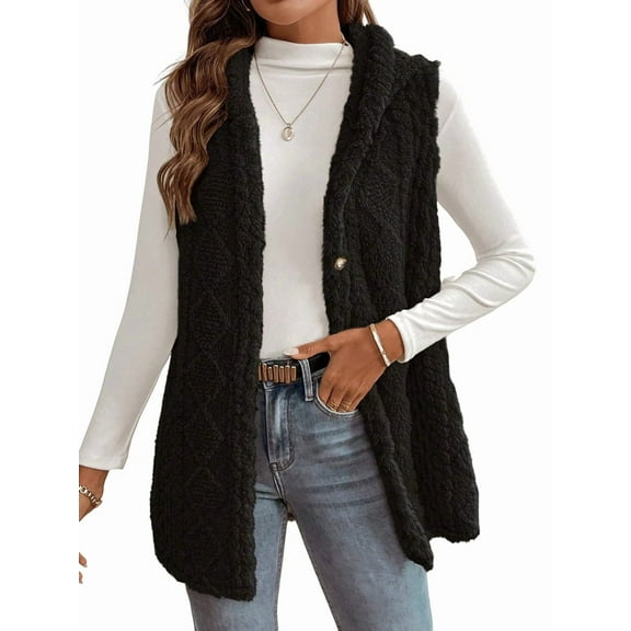 Women's Oversized Fleece Vest Hooded Cardigan, Double Sided Wear, Thick Warm Button Front Jacket for Fall Winter Black L