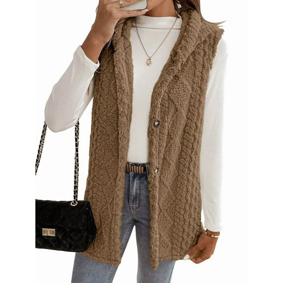 Women's Oversized Fleece Vest Hooded Cardigan, Double Sided Wear, Thick Warm Button Front Jacket for Fall Winter Brown S