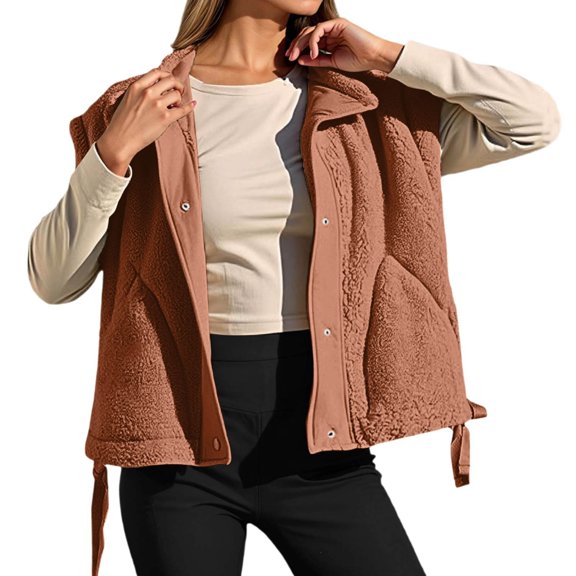Women's Oversized Vest Sleeveless Casual Button Down Piecing Fuzzy Sherpa Gilet Jacket with Pockets Brown, S
