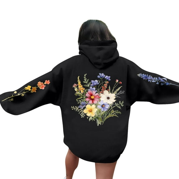 Women's Oversized Floral Embroidered Hoodie Cozy Red Pullover with Colorful Flower Design, Casual Wear