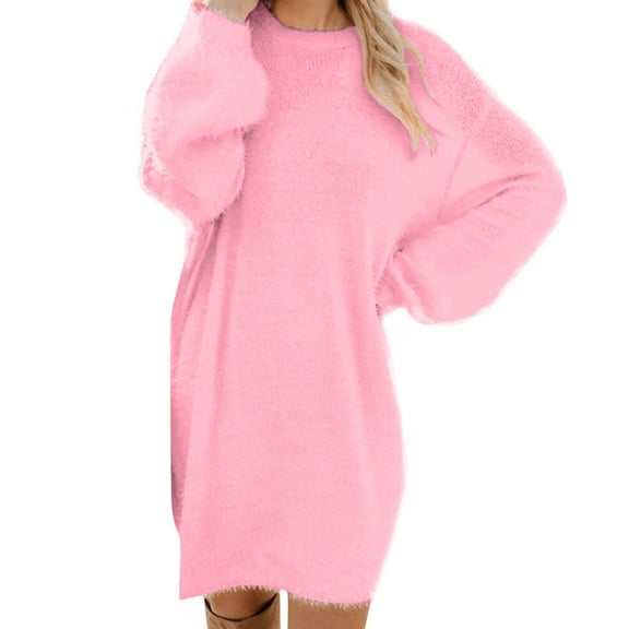 Women s Oversized Fluffy Sweater Dress Crew Neck Long Sleeve Loose Fit Soft Plush Casual Mini Dress Available in Perfect for Fall Winter Comfy Stylish Pullover Dress