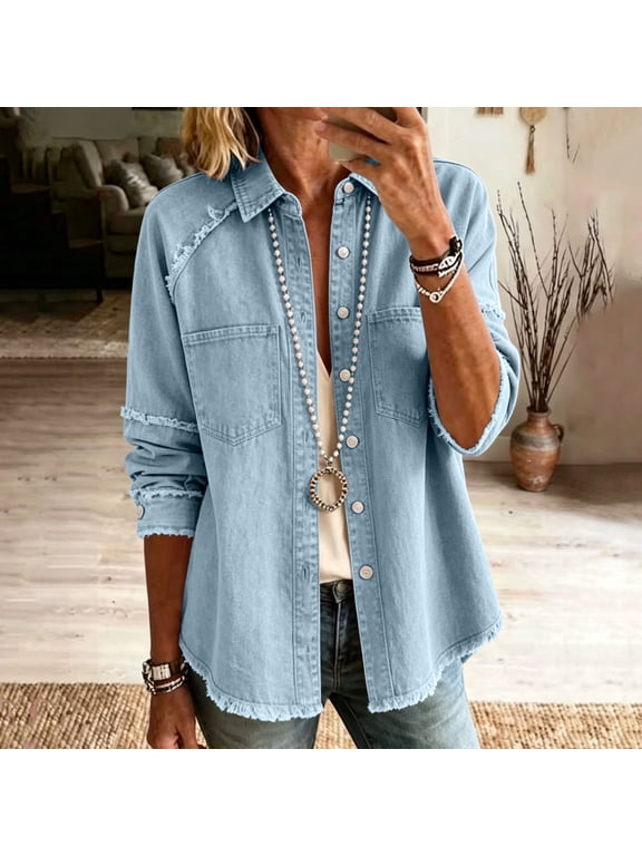 Women's Oversized Frayed Denim Shirt Jacket Button Front Loose Fit Long Sleeve Distressed Chambray Trucker Coat with Chest Pockets for Weekend Travel Vacation Shopping and Casual Streetwear
