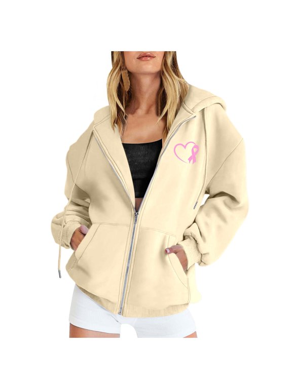 Women's Oversized Full Zip Hoodie Heart Ribbon Graphic Long Sleeve Casual Tops