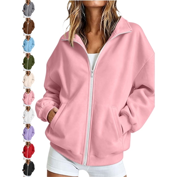 Women's Oversized Full Zip Stand Collar Sweatshirt Long Sleeve Solid Basic Casual Everyday Fall Jacket