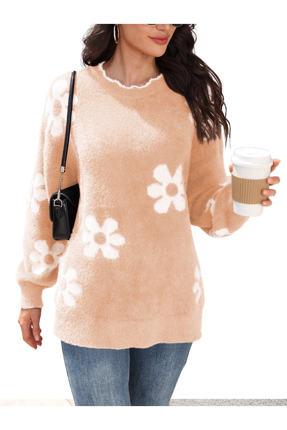 Women's Oversized Fuzzy Sweaters Long Sleeve Crew Neck Knit Soft Pullover Chunky Casual Fall Loose Jumper Top