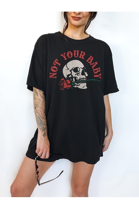 Women's Oversized Gothic Skull Rose Graphic T-Shirt