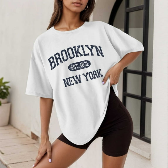 Women's Oversized Graphic Tee Casual Loose Fit Short Sleeve Round Neck Summer T-Shirt Comfortable Soft Blend Top