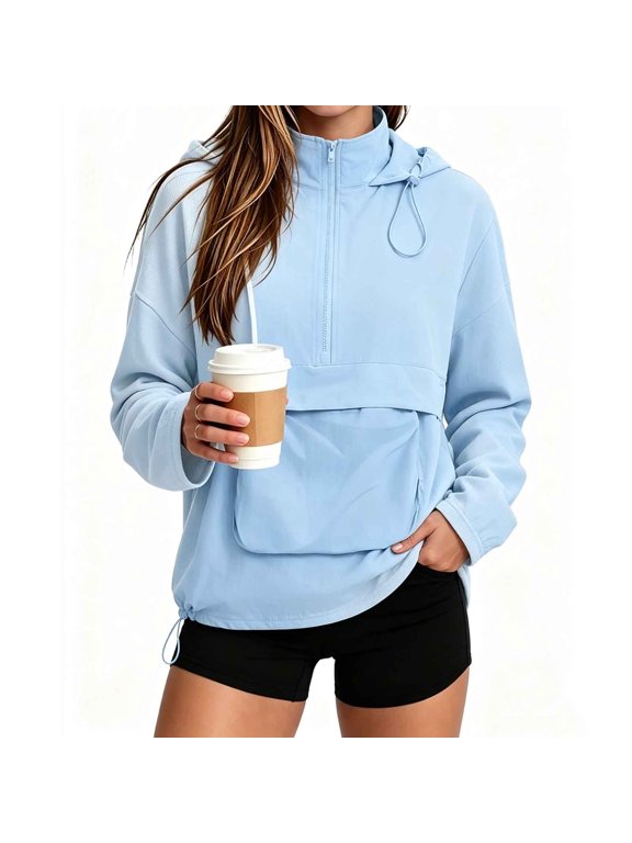 Women's Oversized Half Zip Hooded Anorak Jacket Long Sleeve Windbreaker Pullover with Kangaroo Pocket Drawstring Hem | Casual Streetwear Outerwear for Gym Walking Travel and Coffee Runs