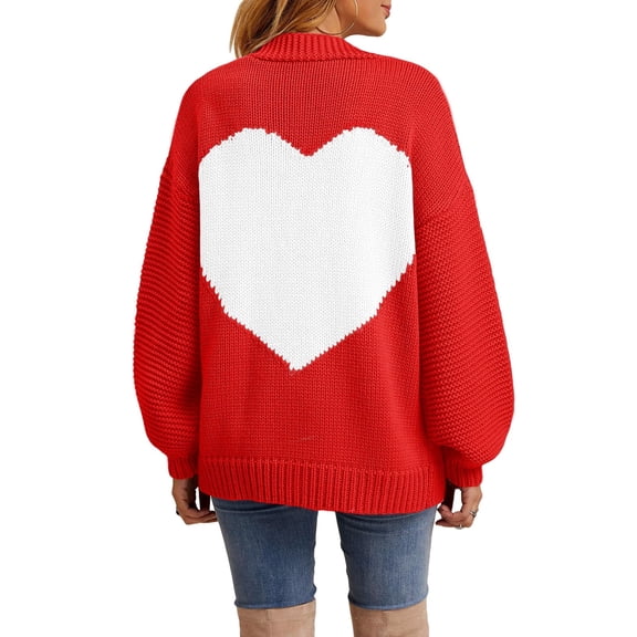 Women's Oversized Heart Print Cardigan - Longline Open Front Coatigan Sweater