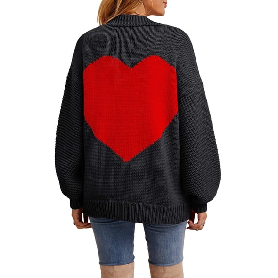 Women's Oversized Heart Print Cardigan - Longline Open Front Coatigan Sweater