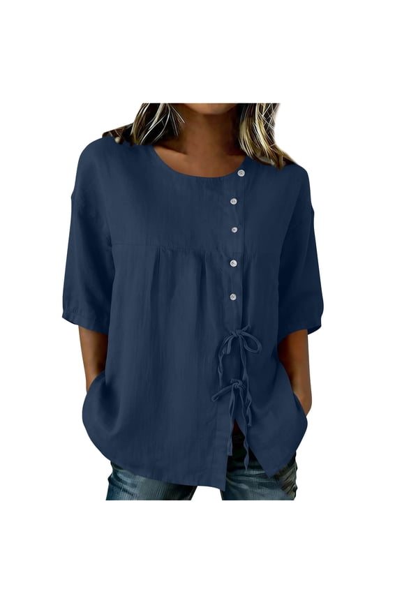 Women's Oversized Henley CrewNeck Button Tunic Trendy Waist Tunic Top Casual Short Sleeve Swing Flowy Shirt
