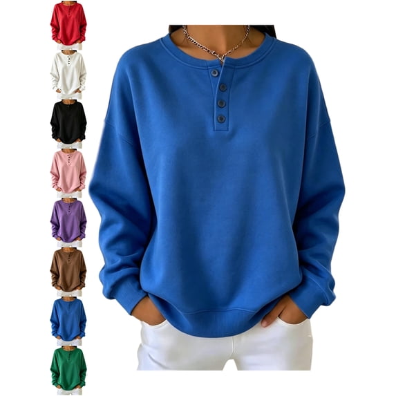 Women's Oversized Henley Sweatshirt Long Sleeve Solid Basic Casual Fall Winter Everyday Top