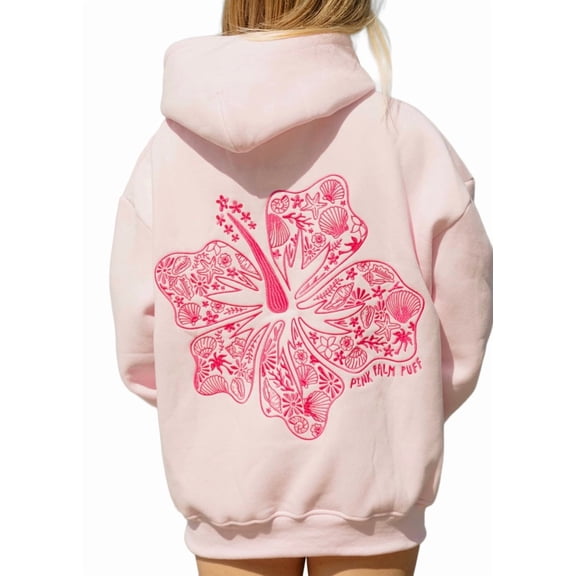 Womens Oversized Hibiscus Graphic Embroidery Hoodie Preppy Cotton Sweatshirt for Teen Grils LightPink, M