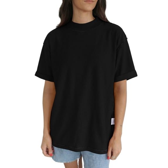 Women's Oversized High Neck T-Shirt – Casual Solid Black Mock Neck Tee for Daily Wear, XL