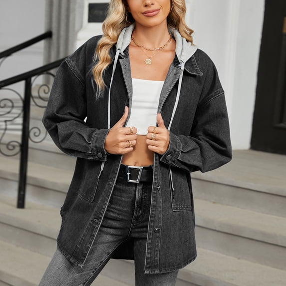 Women's Oversized Hooded Denim Shacket, Long Sleeve Denim Shirt with Detachable Hood, Button up Jean Jackets with Pockets Black XL