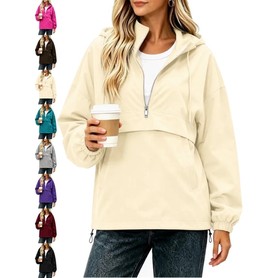 Women's Oversized Hooded Rain Jacket Half-Zip Waterproof Windproof Solid-Color Windbreaker Waterproof Long-Sleeve Top With Detachable Hood