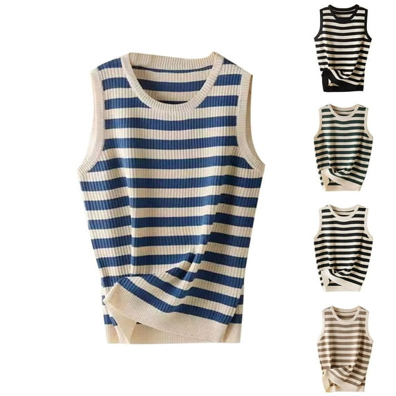 Women's Oversized Hooded Sleeveless Tank Top Cami Bodysuit Round Neck Striped Knit Casual Summer Beach Vacation Streetwear Fashion Essential for Women | CSEONE,Blue L