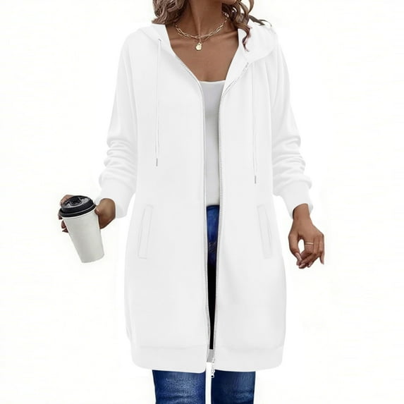 Women's Oversized Hoodie - Double Zipper Long Sleeve Sweatshirt with Pocket, Loose Fit Zip-Up Hooded Top for Casual Wear, White (S)