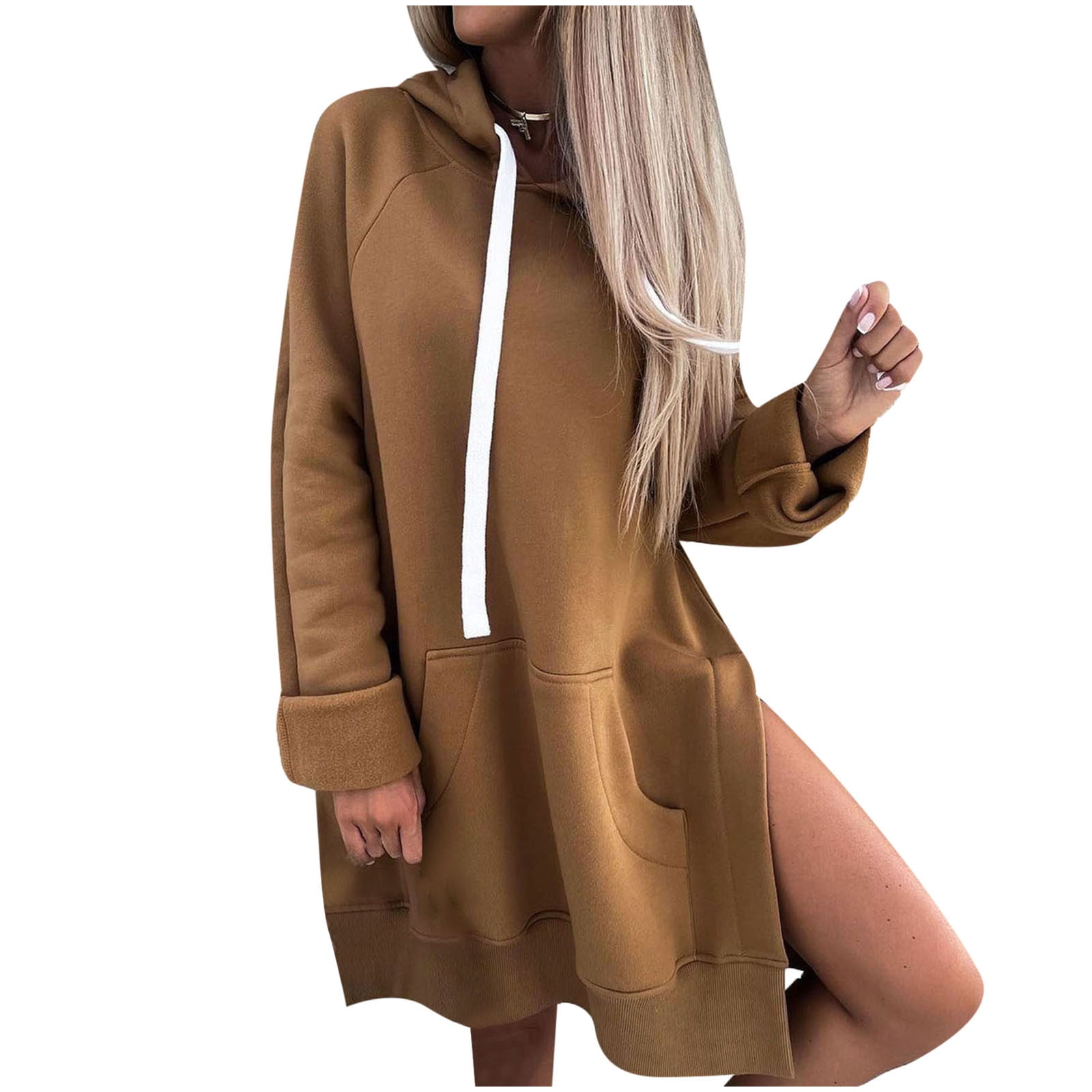 Women's Oversized Hoodie Dress with Kangaroo Pocket, Long