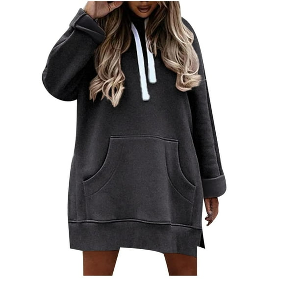 Women's Oversized Hoodie Dress Casual Pullover Sweatshirt Fall Tops Casual Loungewear Long Sleeve Split Hem Hoodie Dress with Kangaroo Pocket