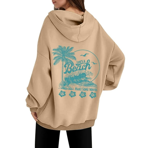 Women's Oversized Hoodie Sweatshirt Life's a Beach Graphic Print Cozy Pullover with Kangaroo Pocket Pink