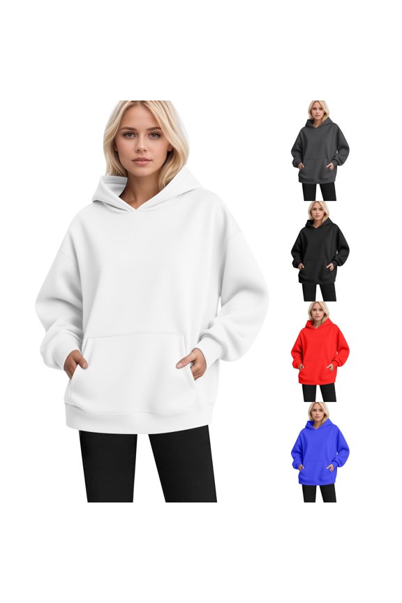Women's Oversized Hoodie Sweatshirt Long Sleeve Shirts Solid Color Pullover with Pocket 2025 Outfits Clothes Red M
