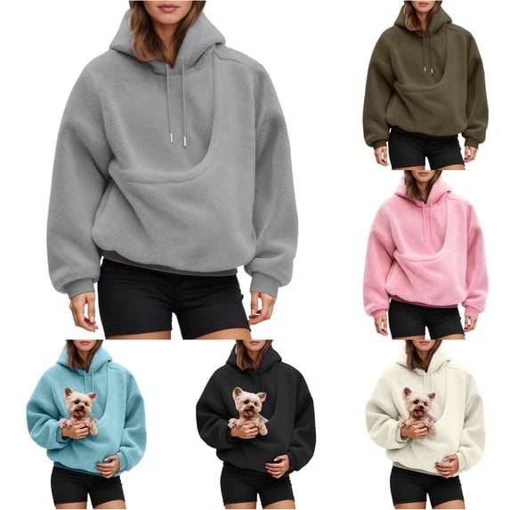 Women's Oversized Hoodie with Pet Pouch Kangaroo Pocket for Small Dogs & Cats