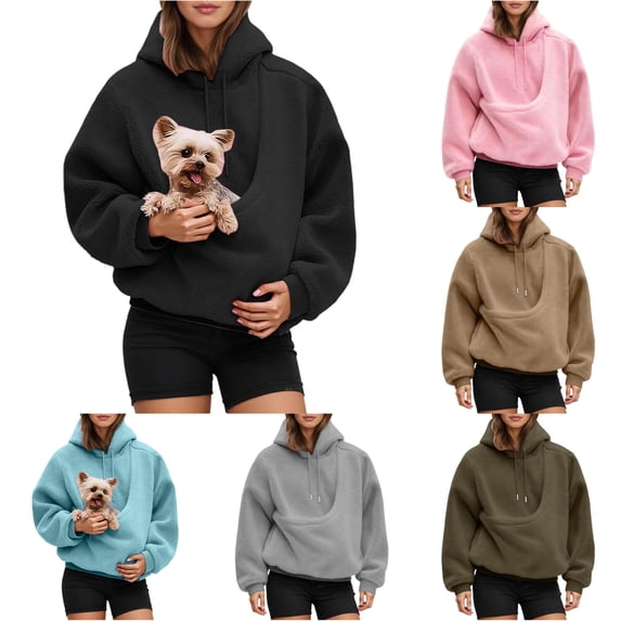 Women's Oversized Hoodie with Pet Pouch Kangaroo Pocket for Small Dogs & Cats