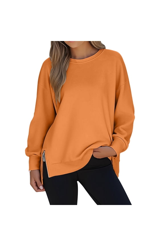 Women's Oversized Hoodie with Side Zipper Long Sleeve Crewneck Solid Pullover Tunic Top Orange 2XL