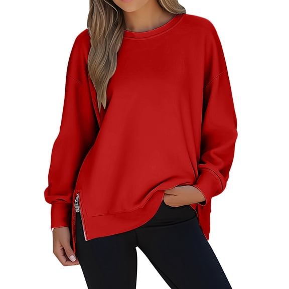 Women's Oversized Hoodie with Side Zipper Long Sleeve Crewneck Solid Pullover Tunic Top Red XL