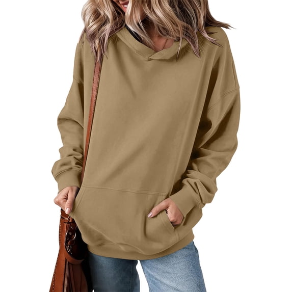 Women's Oversized Hoodies Long Sleeve Casual Sweatshirt Cozy Loose Fit Solid Color Soft Pullover for Fall and Winter Wear Layering Khaki XL