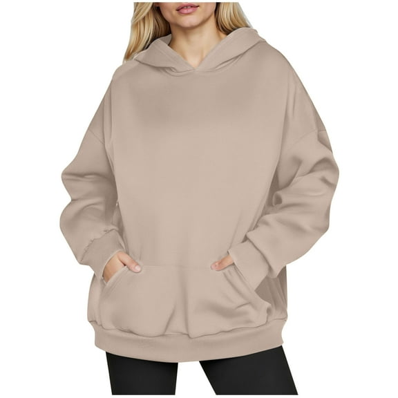 Women's Oversized Hoodies,Womens Solid Color Long Sleeve Fleece Pullover Hoody with Large Kangaroo Pocket,Fall Winter Warm Hooded Sweatshirt Tops Outdoor Sweaters Comfort Sweatshirtss Size S-XXL