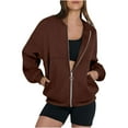 thumbnail image 1 of Women's Oversized Hoodless Sweatshirts Full Zip Up Jacket Coats Long Sleeve Casual Solid Color Shackets with Pockets Fall Versatile Loose Fit Sport Jackets Size S-2XL, 1 of 5