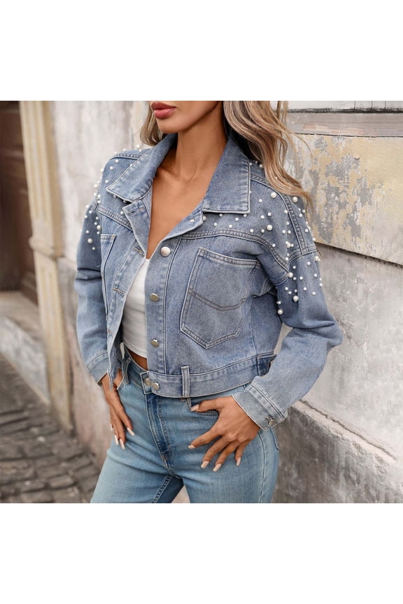 Women's Oversized Jean Jacket Women's Cropped Pearl Denim Jacket Washed Lapel Button up Coat for Casual Streetwear Blue M