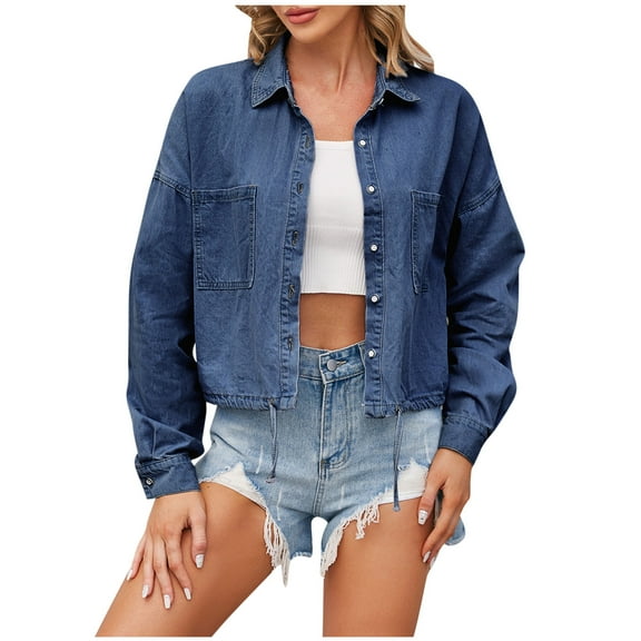 Women's Oversized Jean Jacket Womens Plus Denim Stretch Denim Jacket, Women's Oversized Mid Long Denim Jacket Jean Biker Coat S-105 Dark Blue L