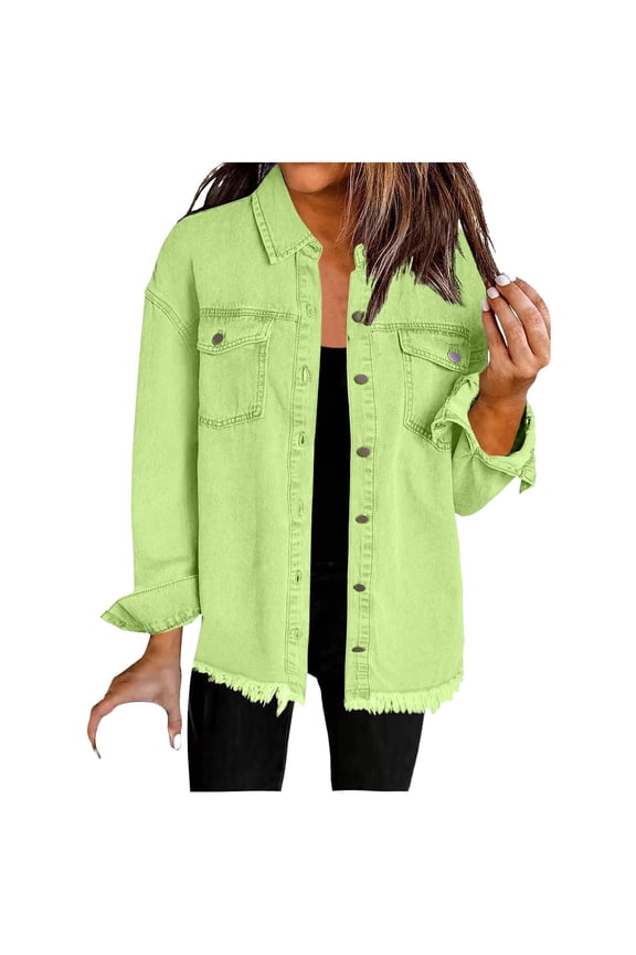 Women's Oversized Jean Jackets Fashion Button Up Frayed Hem Casual Long Sleeve Denim Jean Jacket with Pockets