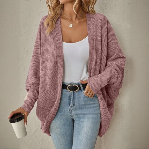Women's Oversized Knit Cardigan, Chunky Open Front Sweater, Loose Fit Batwing Sleeve Coat, Long Sleeve Lounge Wear, Casual Everyday Cardigan Pink S